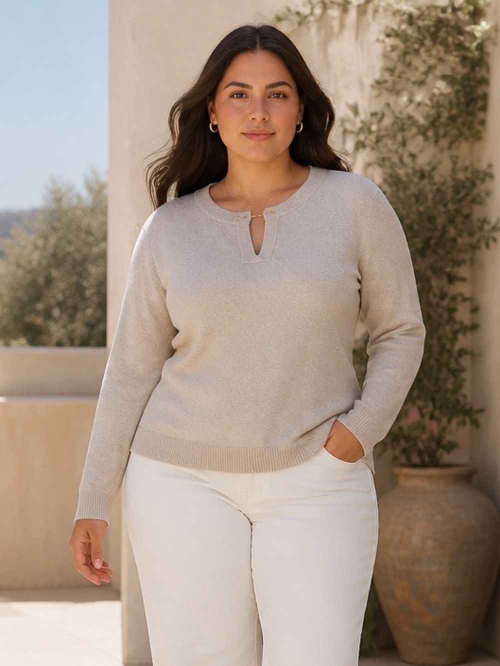 Rafaella 2XL Beige Knit Keyhole Long Sleeve Tunic Sweater Top Gold Detai